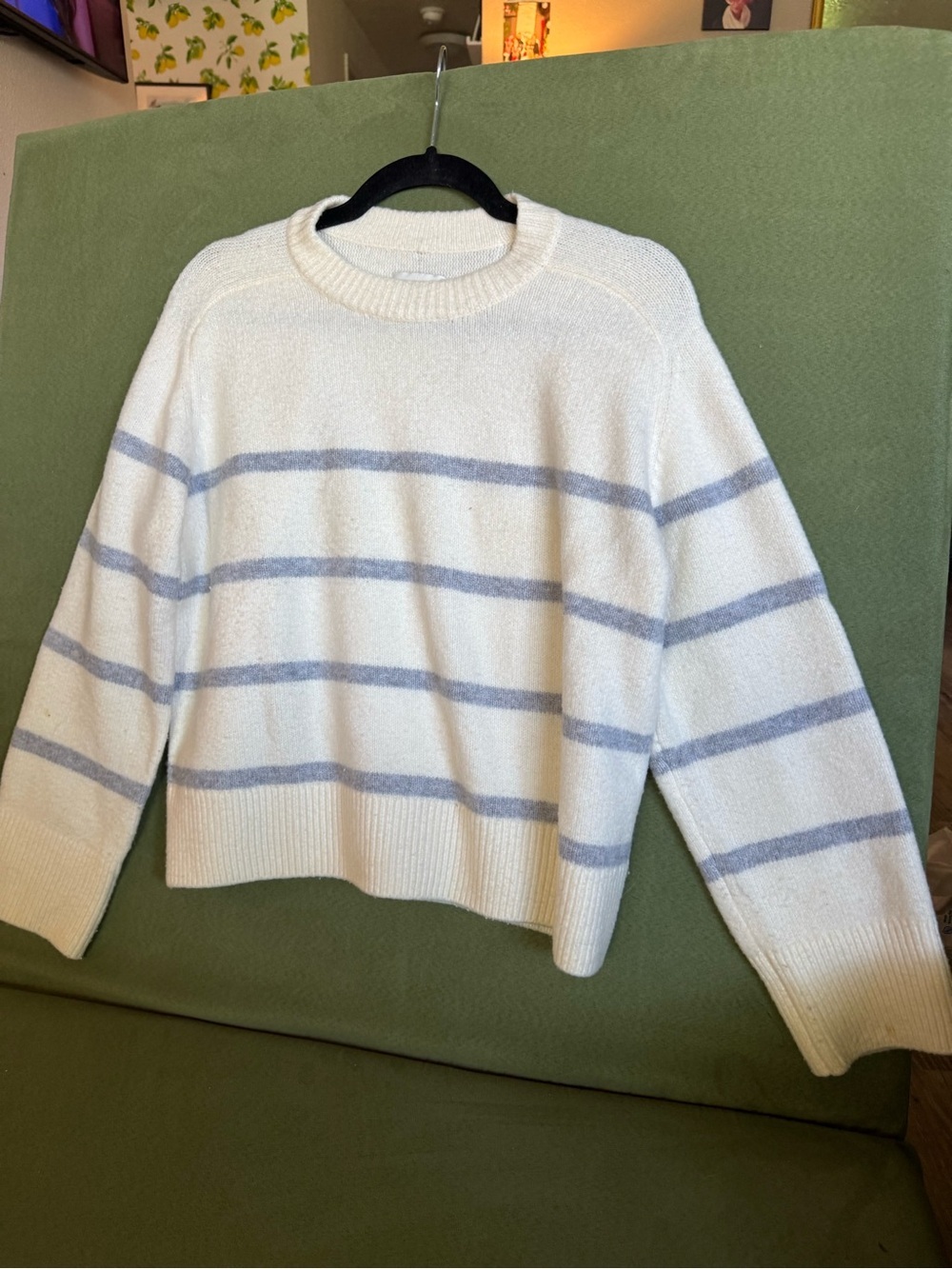 Abercrombie & Fitch Cream Crewneck Sweater with Light Blue Stripes